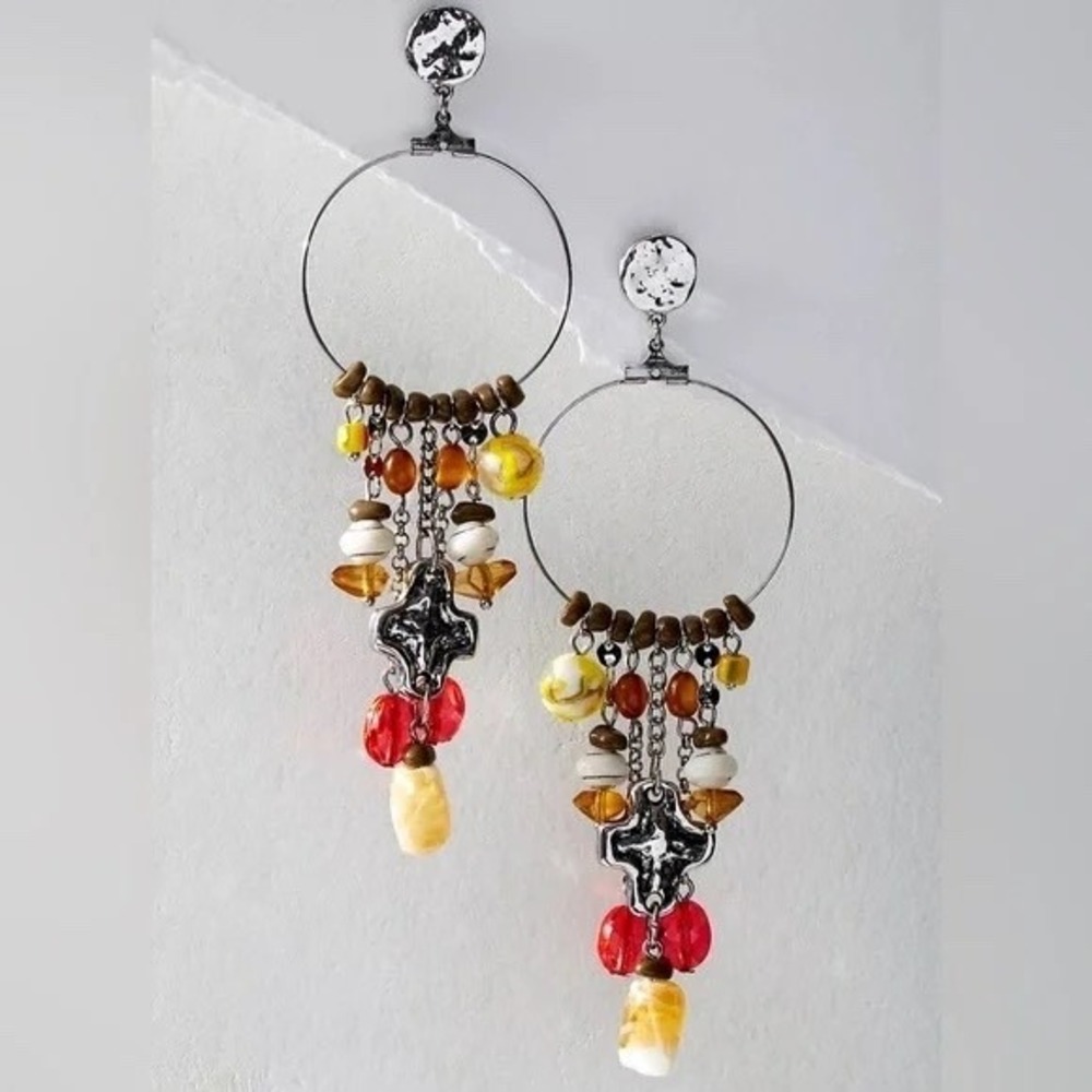 NWT Free People Lola Hoops Colorful Cross Beaded Earrings